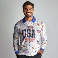 USA America Raccoon Hot Dog 250 Years Long Sleeve Polo Shirt 4th of July 1776-2026 Patriotic Fireworks