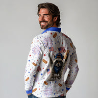 USA America Raccoon Hot Dog 250 Years Long Sleeve Polo Shirt 4th of July 1776-2026 Patriotic Fireworks