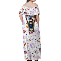 USA America Raccoon Hot Dog 250 Years Off Shoulder Maxi Dress 4th of July 1776-2026 Patriotic Fireworks