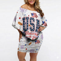 USA America Raccoon Hot Dog 250 Years Off Shoulder Short Dress 4th of July 1776-2026 Patriotic Fireworks
