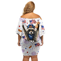 USA America Raccoon Hot Dog 250 Years Off Shoulder Short Dress 4th of July 1776-2026 Patriotic Fireworks