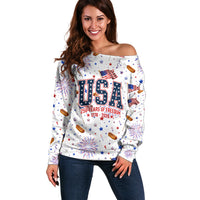 USA America Raccoon Hot Dog 250 Years Off Shoulder Sweater 4th of July 1776-2026 Patriotic Fireworks