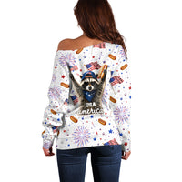 USA America Raccoon Hot Dog 250 Years Off Shoulder Sweater 4th of July 1776-2026 Patriotic Fireworks