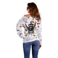 USA America Raccoon Hot Dog 250 Years Off Shoulder Sweater 4th of July 1776-2026 Patriotic Fireworks