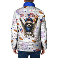 USA America Raccoon Hot Dog 250 Years Padded Jacket 4th of July 1776-2026 Patriotic Fireworks