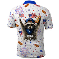 USA America Raccoon Hot Dog 250 Years Polo Shirt 4th of July 1776-2026 Patriotic Fireworks
