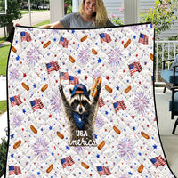 USA America Raccoon Hot Dog 250 Years Quilt 4th of July 1776-2026 Patriotic Fireworks