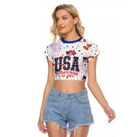 USA America Raccoon Hot Dog 250 Years Raglan Cropped T Shirt 4th of July 1776-2026 Patriotic Fireworks