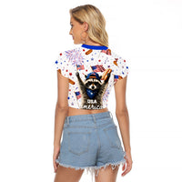USA America Raccoon Hot Dog 250 Years Raglan Cropped T Shirt 4th of July 1776-2026 Patriotic Fireworks