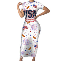 USA America Raccoon Hot Dog 250 Years Short Sleeve Bodycon Dress 4th of July 1776-2026 Patriotic Fireworks