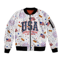 USA America Raccoon Hot Dog 250 Years Sleeve Zip Bomber Jacket 4th of July 1776-2026 Patriotic Fireworks