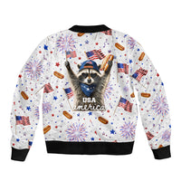 USA America Raccoon Hot Dog 250 Years Sleeve Zip Bomber Jacket 4th of July 1776-2026 Patriotic Fireworks