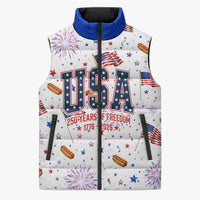 USA America Raccoon Hot Dog 250 Years Sleeveless Puffer Jacket 4th of July 1776-2026 Patriotic Fireworks