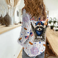 USA America Raccoon Hot Dog 250 Years Women Casual Shirt 4th of July 1776-2026 Patriotic Fireworks