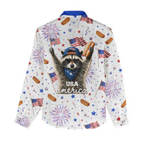 USA America Raccoon Hot Dog 250 Years Women Casual Shirt 4th of July 1776-2026 Patriotic Fireworks