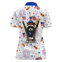 USA America Raccoon Hot Dog 250 Years Women Polo Shirt 4th of July 1776-2026 Patriotic Fireworks