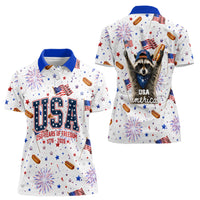 USA America Raccoon Hot Dog 250 Years Women Polo Shirt 4th of July 1776-2026 Patriotic Fireworks
