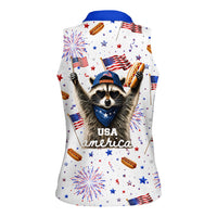 USA America Raccoon Hot Dog 250 Years Women Sleeveless Polo Shirt 4th of July 1776-2026 Patriotic Fireworks