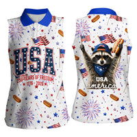 USA America Raccoon Hot Dog 250 Years Women Sleeveless Polo Shirt 4th of July 1776-2026 Patriotic Fireworks