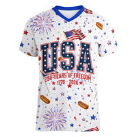 USA America Raccoon Hot Dog 250 Years Women V-Neck T-Shirt 4th of July 1776-2026 Patriotic Fireworks