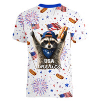 USA America Raccoon Hot Dog 250 Years Women V-Neck T-Shirt 4th of July 1776-2026 Patriotic Fireworks