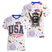 USA America Raccoon Hot Dog 250 Years Women V-Neck T-Shirt 4th of July 1776-2026 Patriotic Fireworks