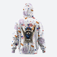 USA America Raccoon Hot Dog 250 Years Zip Hoodie 4th of July 1776-2026 Patriotic Fireworks