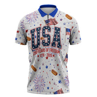 USA America Raccoon Hot Dog 250 Years Zipper Polo Shirt 4th of July 1776-2026 Patriotic Fireworks