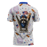 USA America Raccoon Hot Dog 250 Years Zipper Polo Shirt 4th of July 1776-2026 Patriotic Fireworks