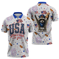 USA America Raccoon Hot Dog 250 Years Zipper Polo Shirt 4th of July 1776-2026 Patriotic Fireworks