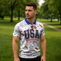 USA America Raccoon Hot Dog 250 Years Zipper Polo Shirt 4th of July 1776-2026 Patriotic Fireworks