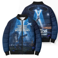 Scotland Kelpies And Unicorn UFO Bomber Puffer Jacket Sci-Fi Alien Abduction And Magic Legends