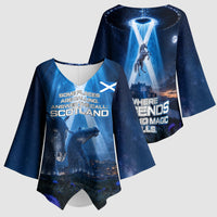 Scotland Kelpies And Unicorn UFO Kimono Sleeve Blouse Sci-Fi Alien Abduction And Magic Legends