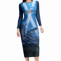 Scotland Kelpies And Unicorn UFO Long Sleeve Bodycon Dress Sci-Fi Alien Abduction And Magic Legends