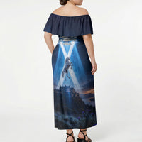 Scotland Kelpies And Unicorn UFO Off Shoulder Maxi Dress Sci-Fi Alien Abduction And Magic Legends