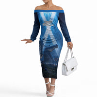 Scotland Kelpies And Unicorn UFO Off The Shoulder Long Sleeve Dress Sci-Fi Alien Abduction And Magic Legends