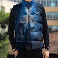 Scotland Kelpies And Unicorn UFO Sleeveless Puffer Jacket Sci-Fi Alien Abduction And Magic Legends