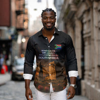 South Africa Safari UFO Long Sleeve Button Shirt African Wildlife Sci-Fi Galaxy Space And Mandela