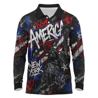 Personalized America New York Statue Of Liberty Long Sleeve Polo Shirt Dark Grunge American Flag Graffiti Street Art