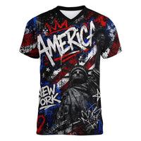 Personalized America New York Statue Of Liberty Women V-Neck T-Shirt Dark Grunge American Flag Graffiti Street Art