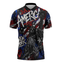 Personalized America New York Statue Of Liberty Zipper Polo Shirt Dark Grunge American Flag Graffiti Street Art