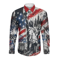 Personalized New York Statue Of Liberty Long Sleeve Button Shirt Grunge Street Art NYC Skyline American Pride