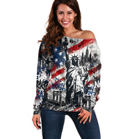 Personalized New York Statue Of Liberty Off Shoulder Sweater Grunge Street Art NYC Skyline American Pride