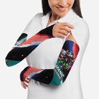 Hispanic Heritage Month Unidos We Rise Arm Sleeves Vibrant Sunflower Flags - Globe Graphic With Splatter Paint