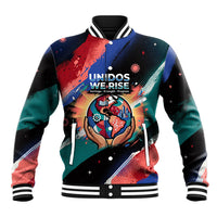 Hispanic Heritage Month Unidos We Rise Baseball Jacket Vibrant Sunflower Flags - Globe Graphic With Splatter Paint