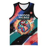 Hispanic Heritage Month Unidos We Rise Basketball Jersey Vibrant Sunflower Flags - Globe Graphic With Splatter Paint