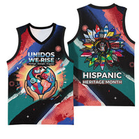 Hispanic Heritage Month Unidos We Rise Basketball Jersey Vibrant Sunflower Flags - Globe Graphic With Splatter Paint