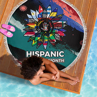 Hispanic Heritage Month Unidos We Rise Beach Blanket Vibrant Sunflower Flags - Globe Graphic With Splatter Paint