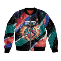 Hispanic Heritage Month Unidos We Rise Bomber Jacket Vibrant Sunflower Flags - Globe Graphic With Splatter Paint
