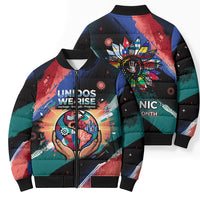 Hispanic Heritage Month Unidos We Rise Bomber Puffer Jacket Vibrant Sunflower Flags - Globe Graphic With Splatter Paint